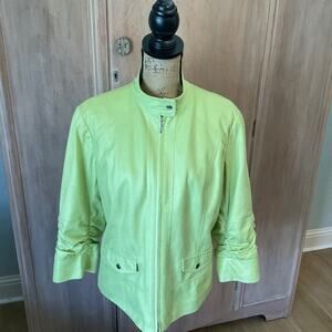 Chico’s Green Soft faux leather moto Embossed Ruched Sleeve Jacket Size 1 light